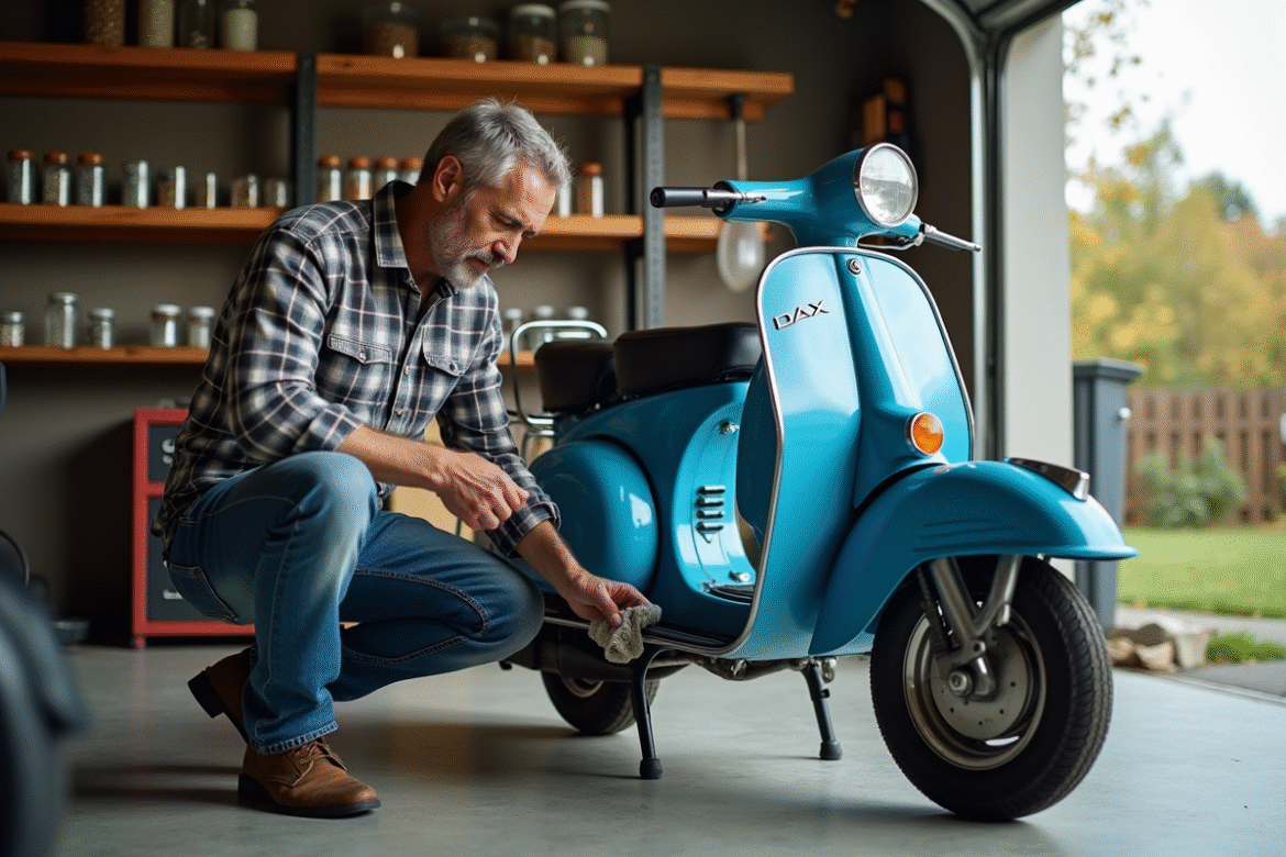 Homme nettoyant une mobylette bleue dans son garage organisé