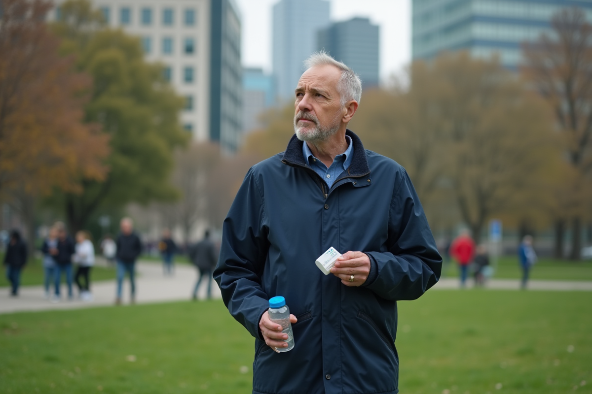 Homme dans un parc urbain tenant un organisateur de pilules