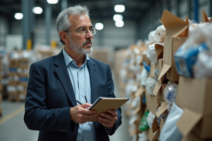 Homme d'âge moyen dans un atelier de recyclage avec matériaux triés