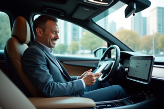 Homme détendu dans une voiture autonome moderne