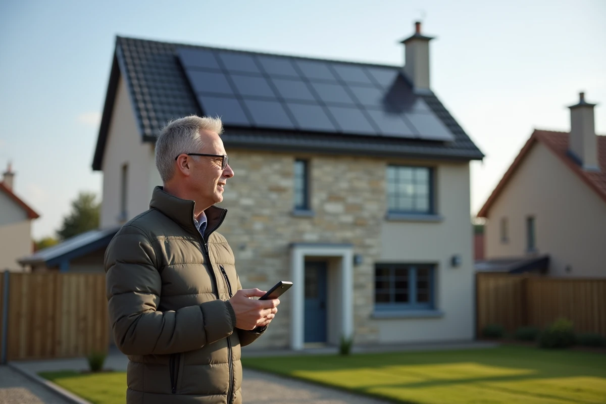 Homme d'âge moyen regardant les panneaux solaires devant sa maison