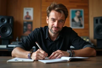 Homme en studio musique écrivant dans un carnet
