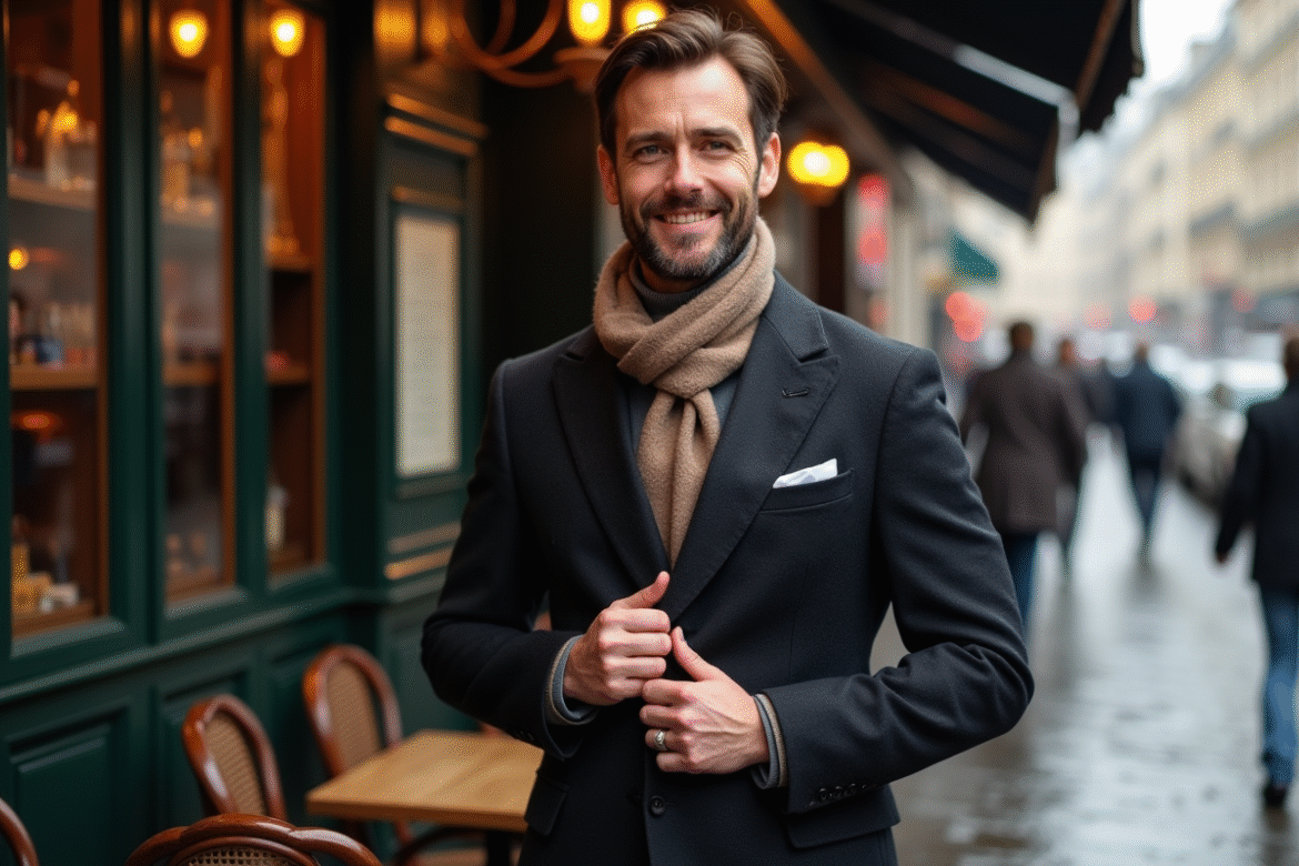 Homme élégant en hiver à Paris avec costume et écharpe