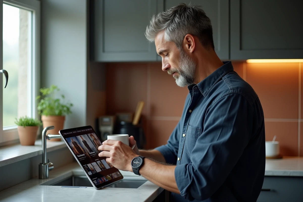 Homme consultant le programme cinéma du jour sur une tablette dans une cuisine moderne