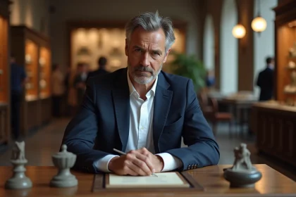 Homme d'âge moyen examinant un objet antique dans une salle d'enchères