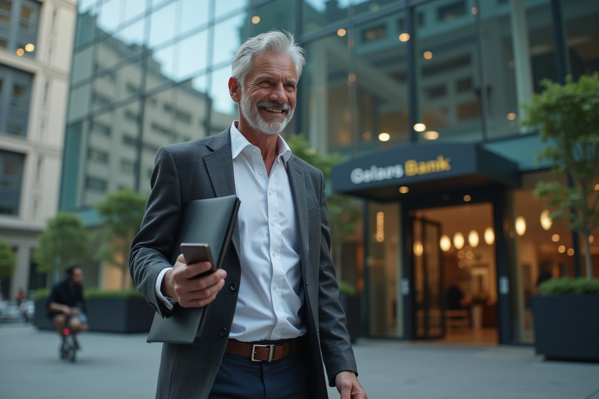 Homme souriant marchant devant une banque moderne en ville