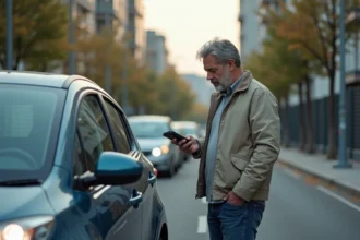 Homme d'âge moyen près de sa voiture en ville avec un appareil diagnostic