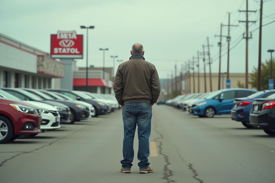 Homme d'âge moyen dans un parking de voitures neuves abandonné