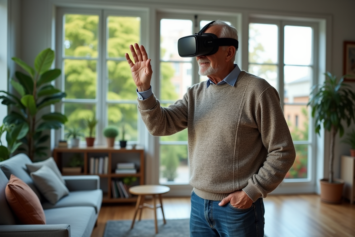Homme âgé utilisant un casque VR dans son salon