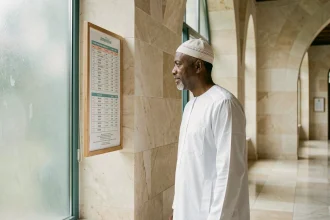 Homme consultant le tableau des horaires de prière dans une mosquée moderne à Annemasse