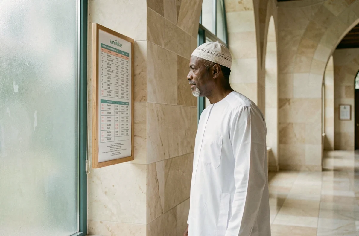 Homme consultant le tableau des horaires de prière dans une mosquée moderne à Annemasse
