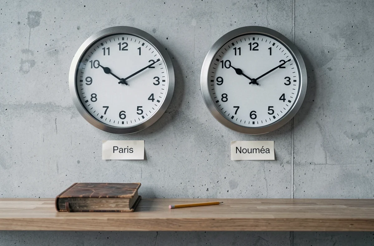 Deux horloges analogiques murales affichant les heures de Paris et Nouméa illustrant le décalage horaire entre la France métropolitaine et la Nouvelle-Calédonie
