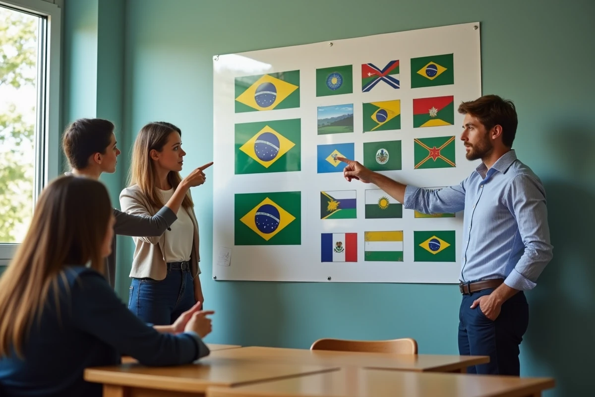 Groupe d'adultes identifiant un drapeau jaune vert étoile rouge sur un poster éducatif en classe