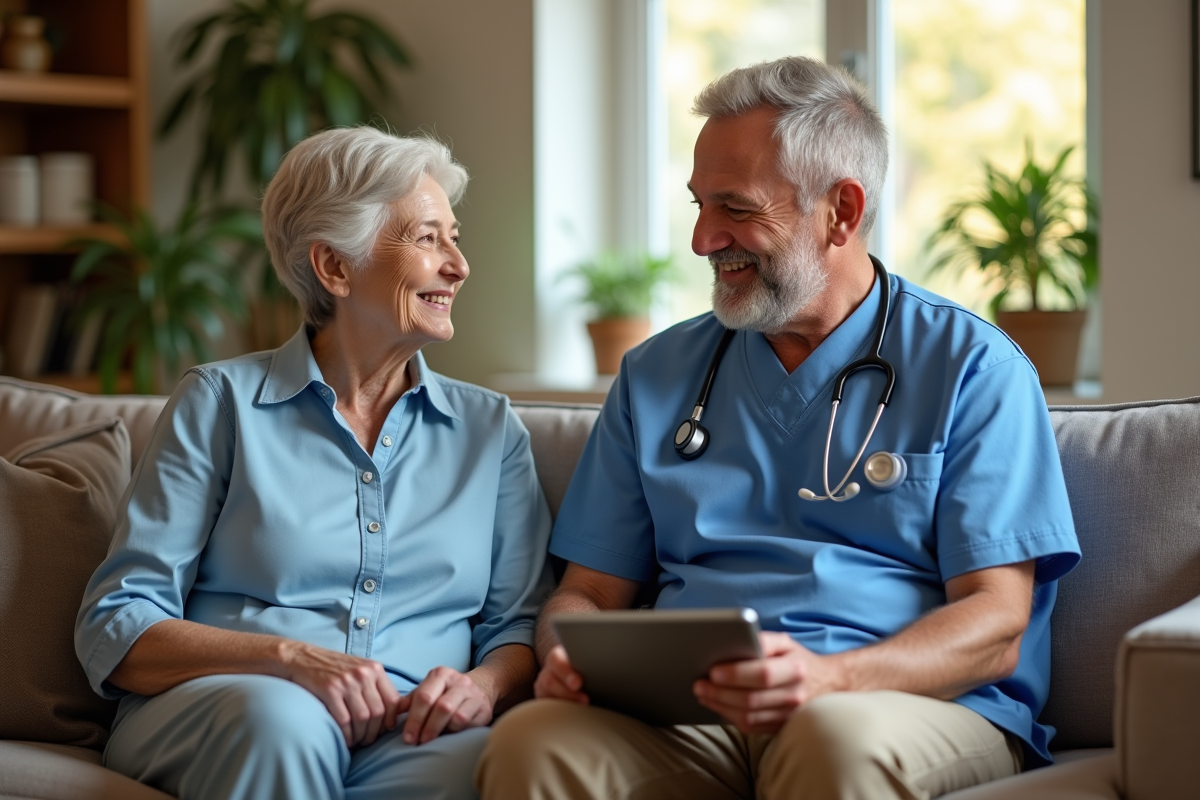 Infirmier notant sur une tablette auprès d une patiente âgée