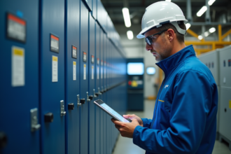 Ingénieur en bleu examine un système de stockage d'énergie