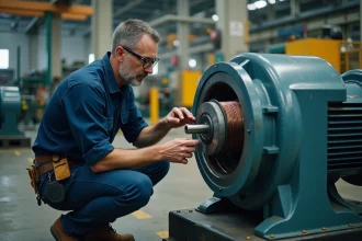 Ingénieur industriel inspectant un moteur synchrone dans une usine de fabrication professionnelle