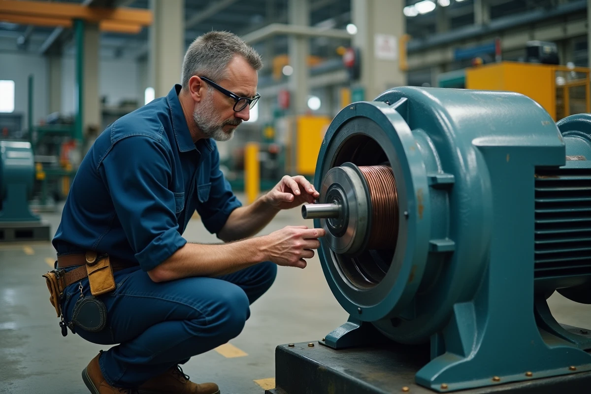 Ingénieur industriel inspectant un moteur synchrone dans une usine de fabrication professionnelle