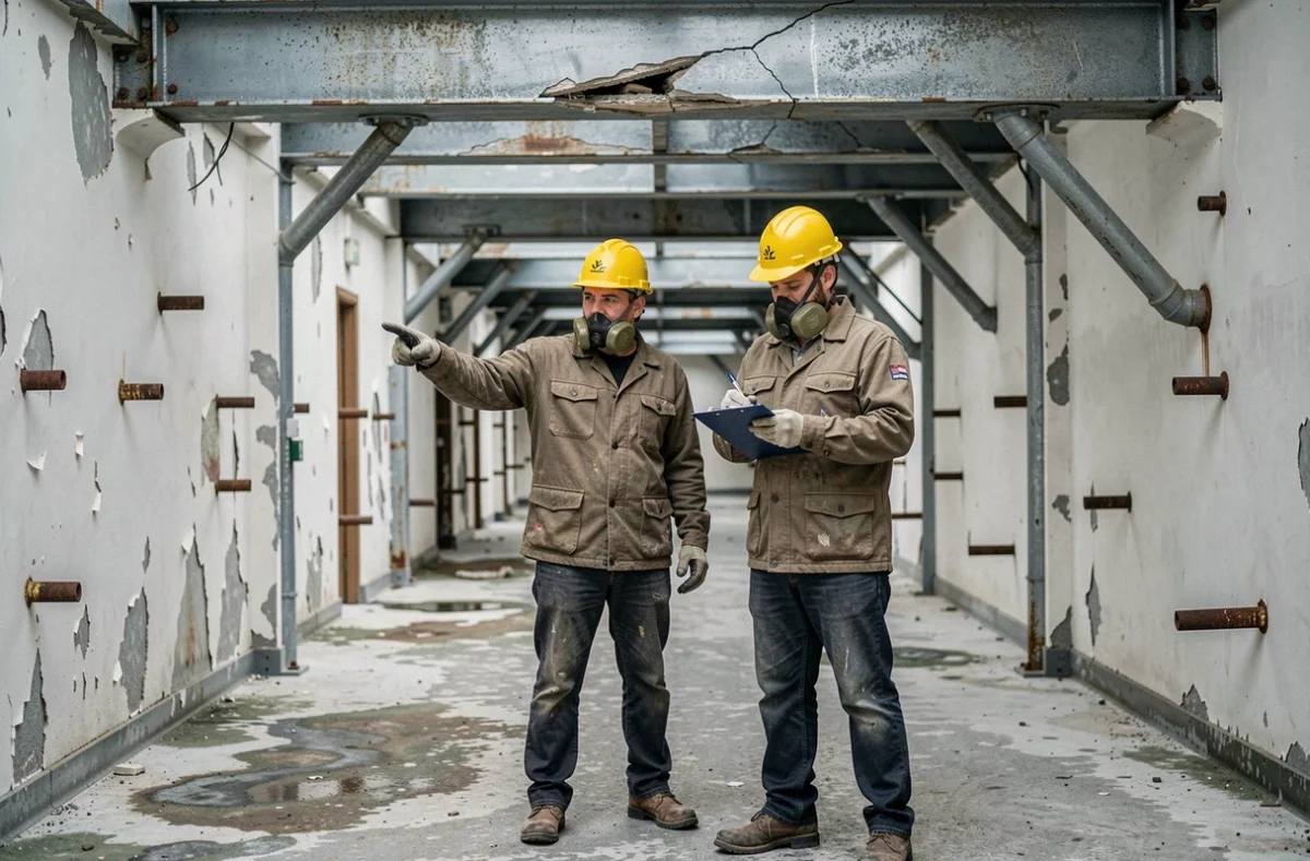 Deux ingénieurs de chantier inspectant l'intérieur dévasté de l'Aqualud au Touquet, structure en béton mise à nu avec armatures rouillées et traces d'humidité