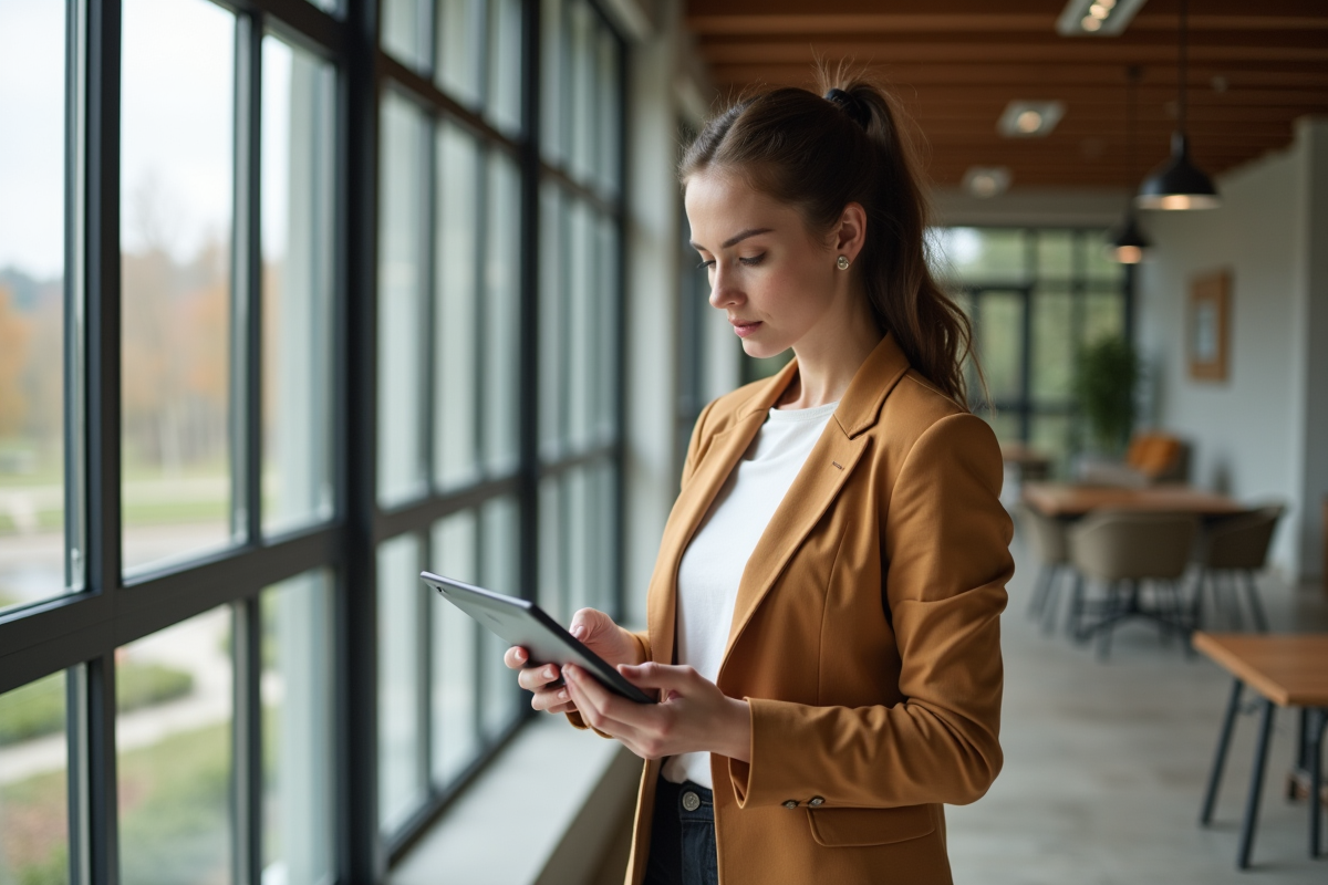 Jeune femme vérifie détails énergétiques près d une grande fenêtre