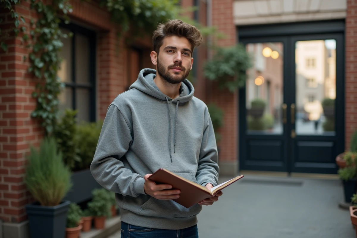 Jeune chanteur en extérieur avec carnet et ambiance urbaine