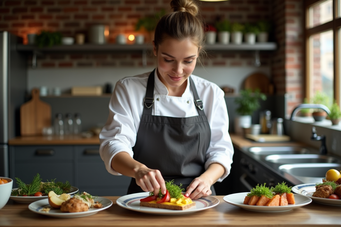 Jeune femme chef préparant des plats colorés dans une cuisine moderne