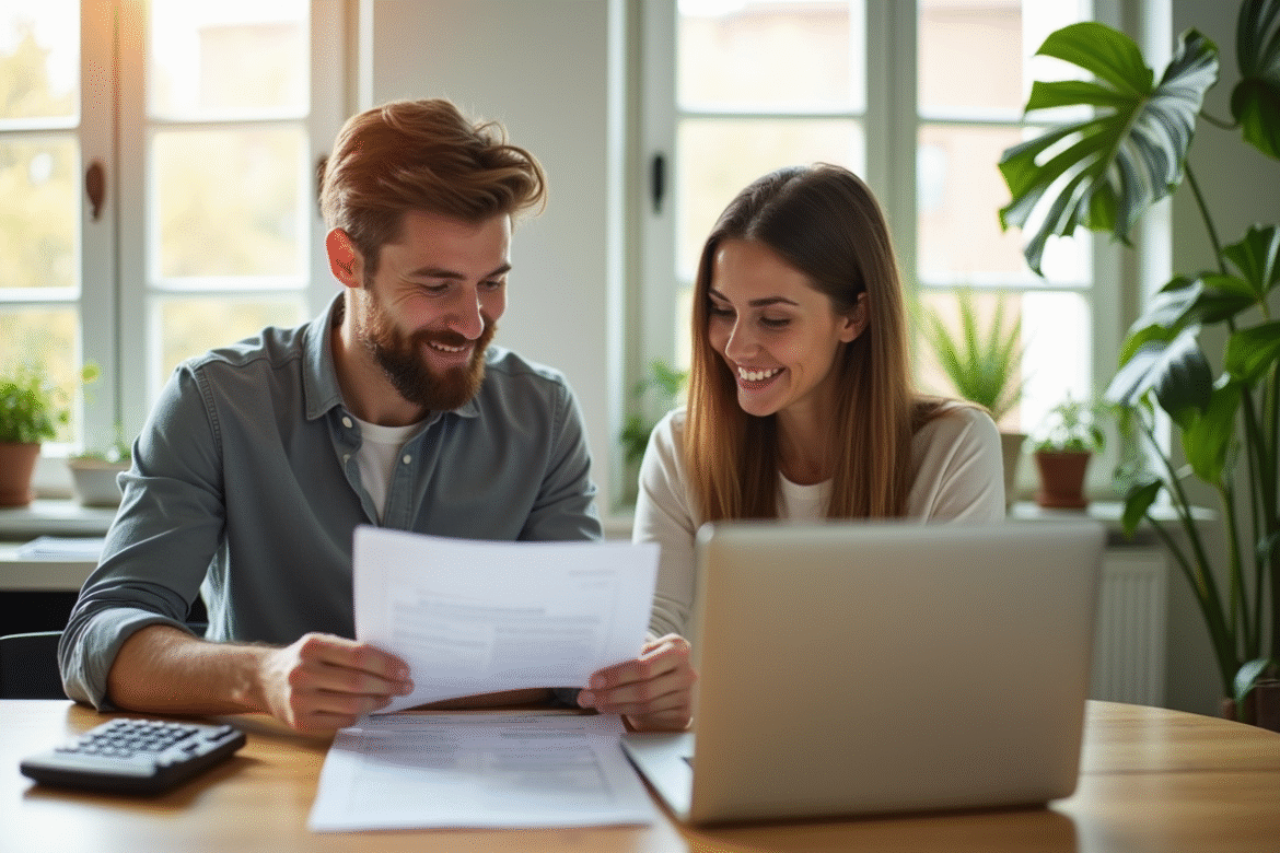 Jeune couple souriant discutant de leur achat immobilier