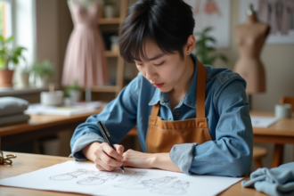 Jeune femme créant des esquisses de mode dans un studio lumineux