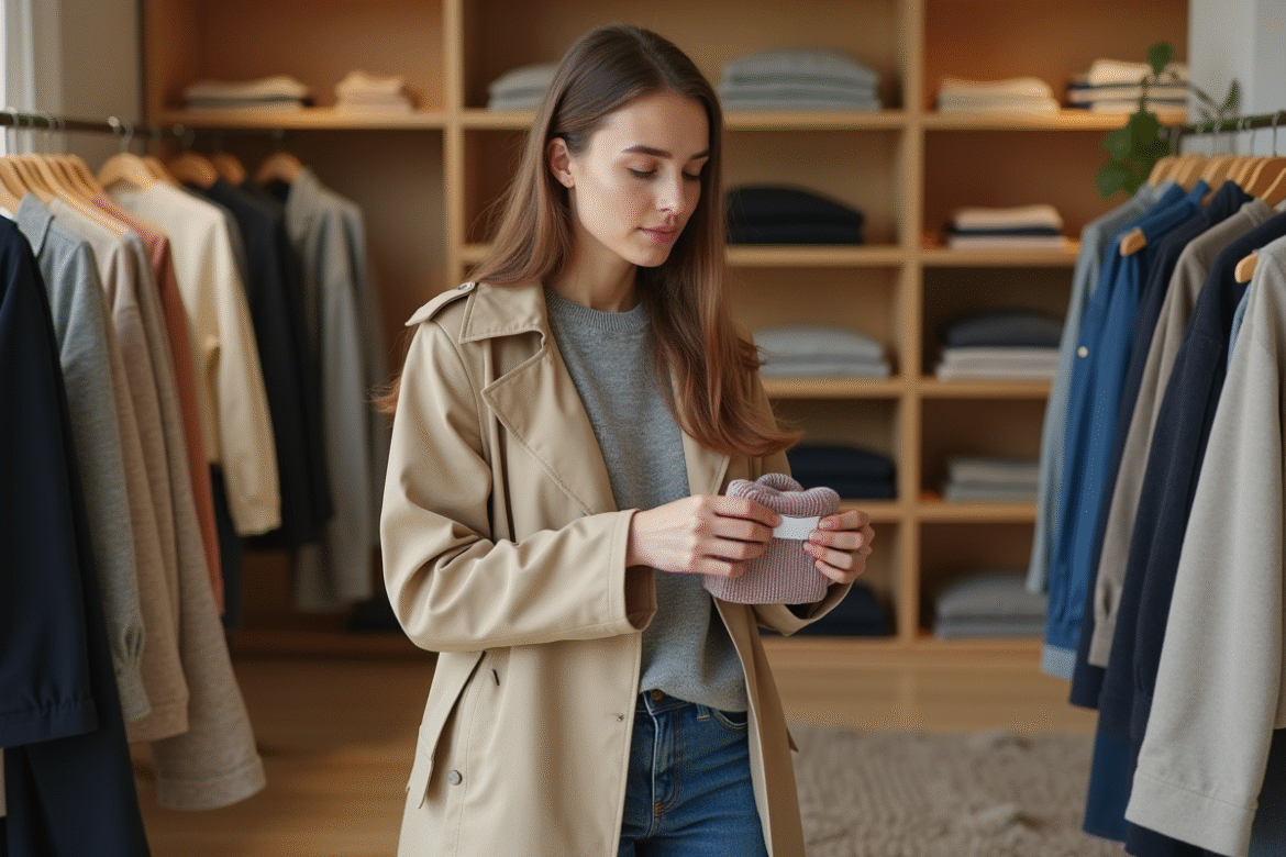 Jeune femme en trench beige examine un vêtement en boutique
