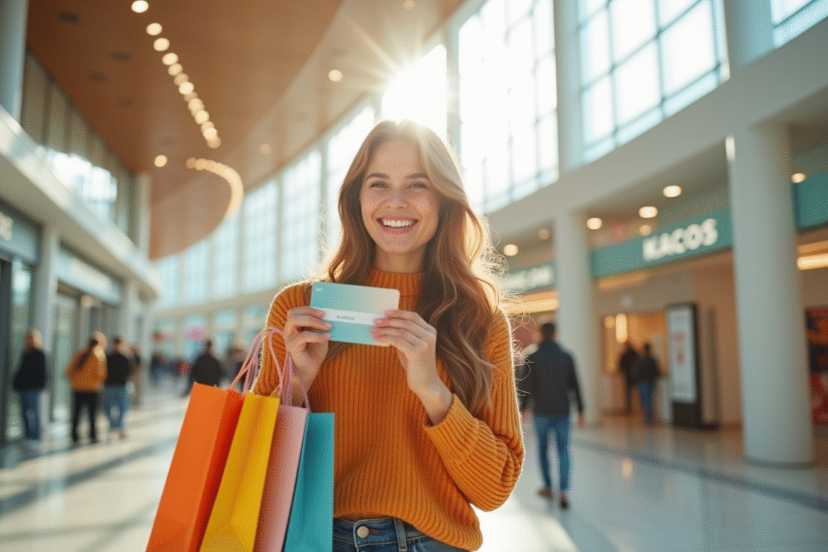 Jeune femme souriante avec une carte cadeau Kadeos Infini dans un centre commercial lumineux