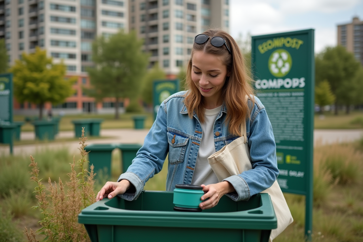 Jeune femme déposant un contenant réutilisable dans un composteur urbain