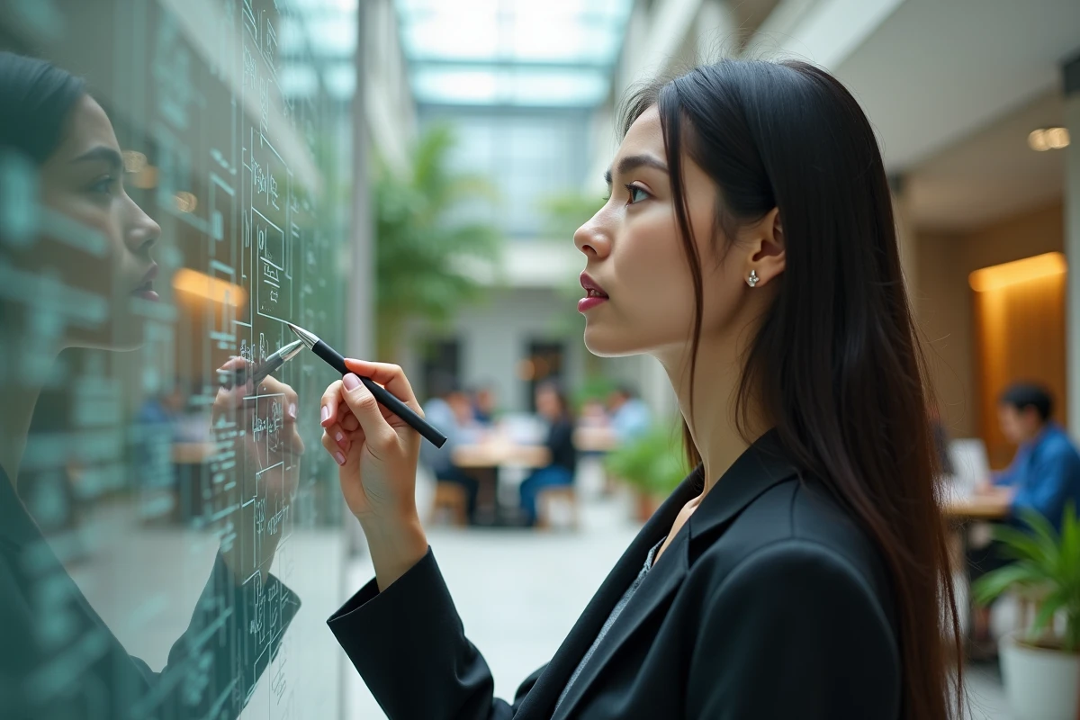 Jeune femme écrivant sur un tableau scientifique dans un atrium lumineux