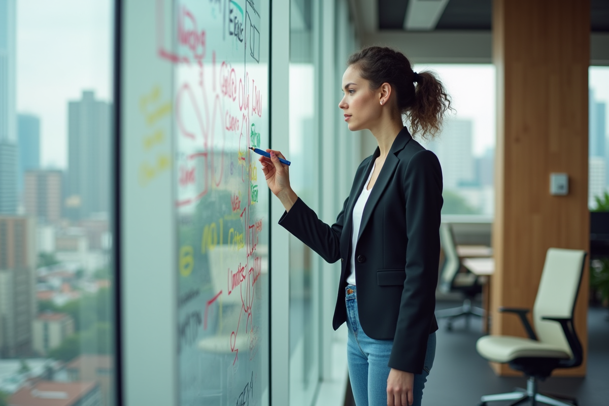 Jeune femme écrivant des idées sur un tableau dans un bureau