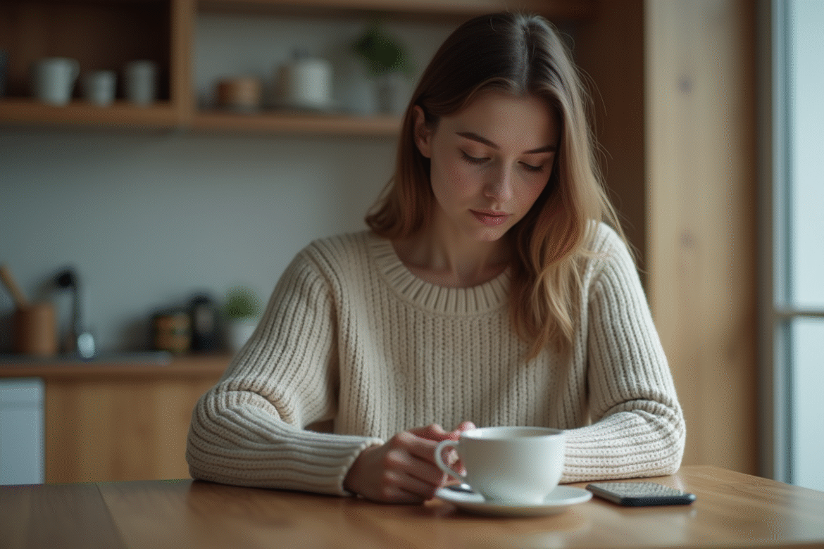 Jeune femme assise à la cuisine en train de réfléchir en regardant son téléphone