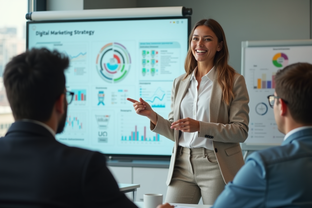 Jeune femme confiante présente stratégie marketing digitale
