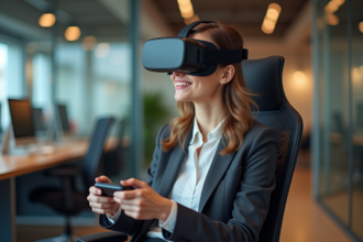 Jeune femme en réalité virtuelle dans un bureau moderne