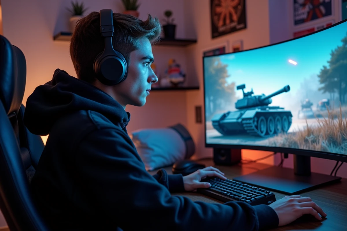 Jeune homme concentré jouant sur un ordinateur gaming