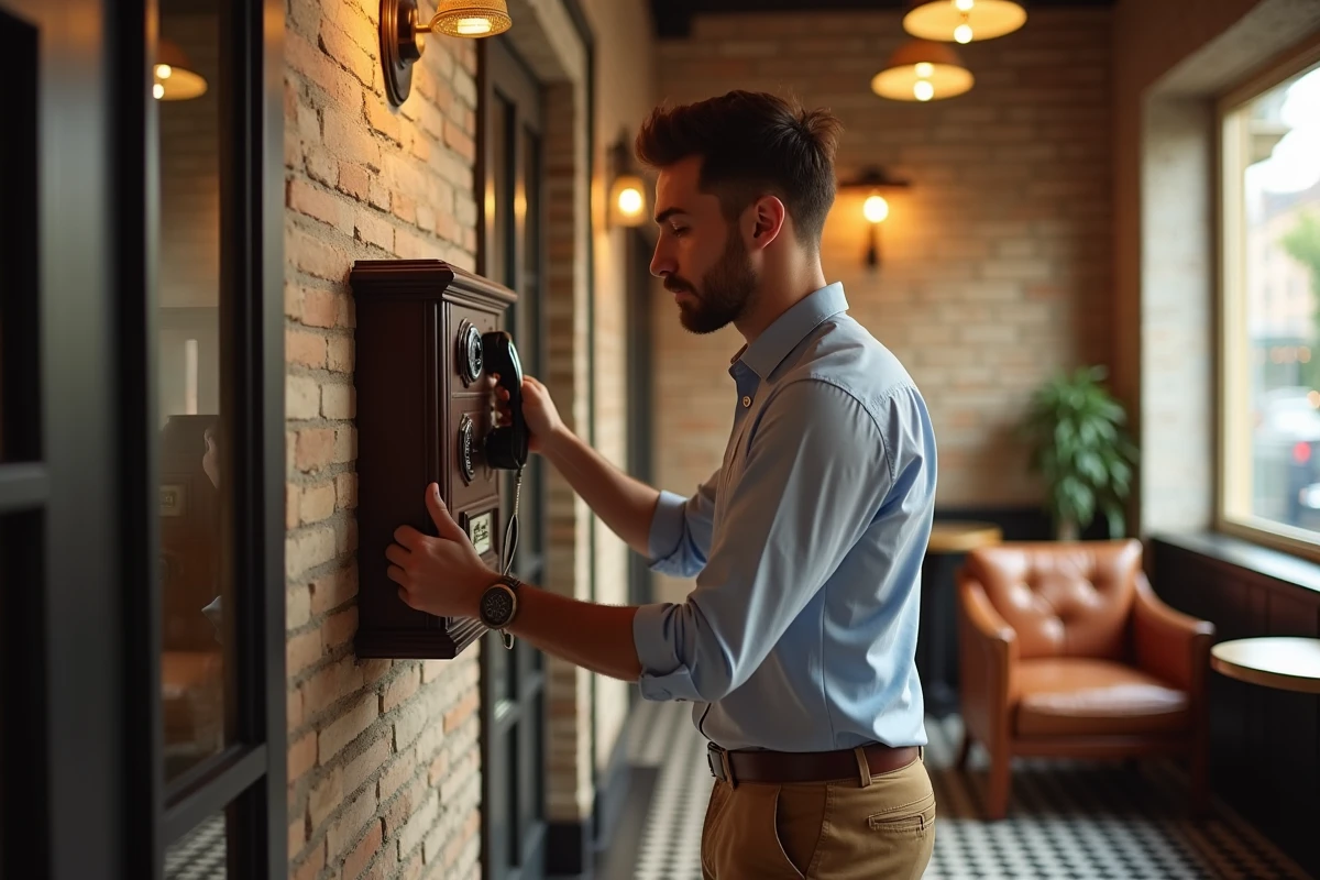 Jeune homme installant un téléphone ancien dans un café