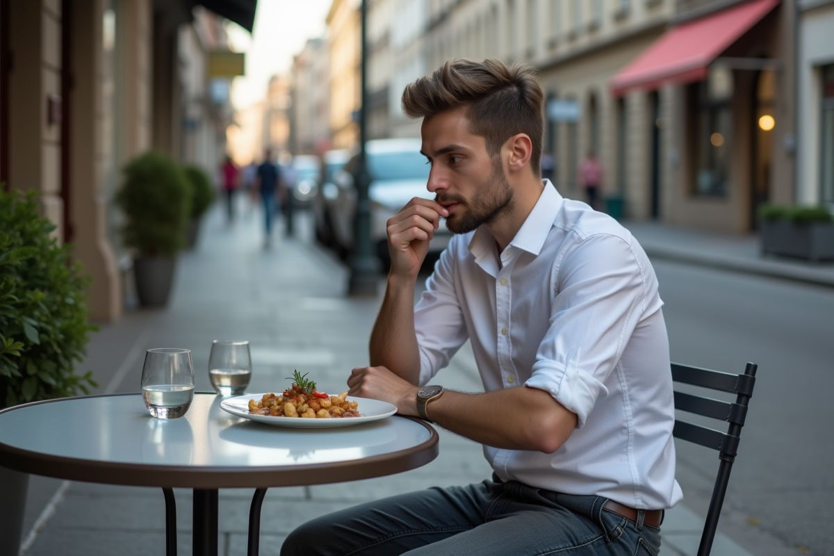 Jeune homme dégustant son plat dans un café en extérieur