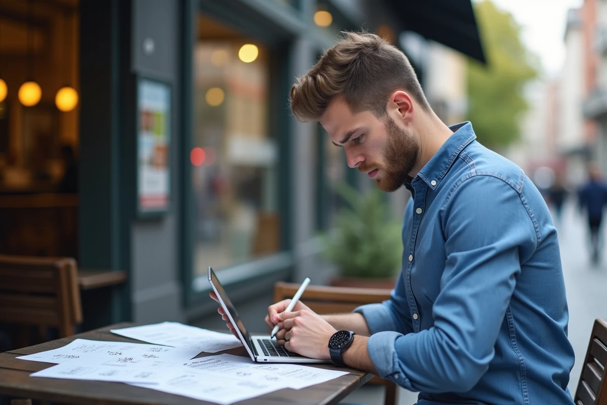 Jeune homme étudie un document en extérieur en ville