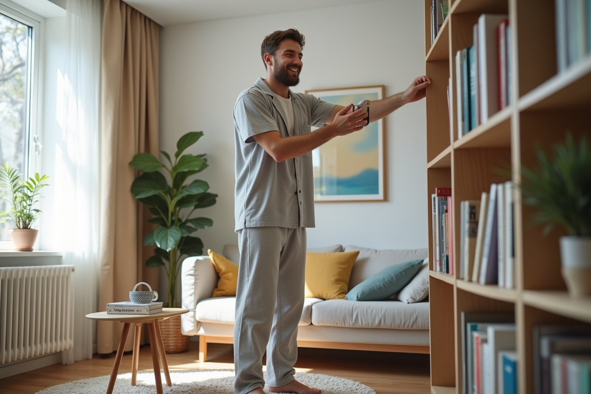 Jeune homme dégageant des livres dans un salon lumineux