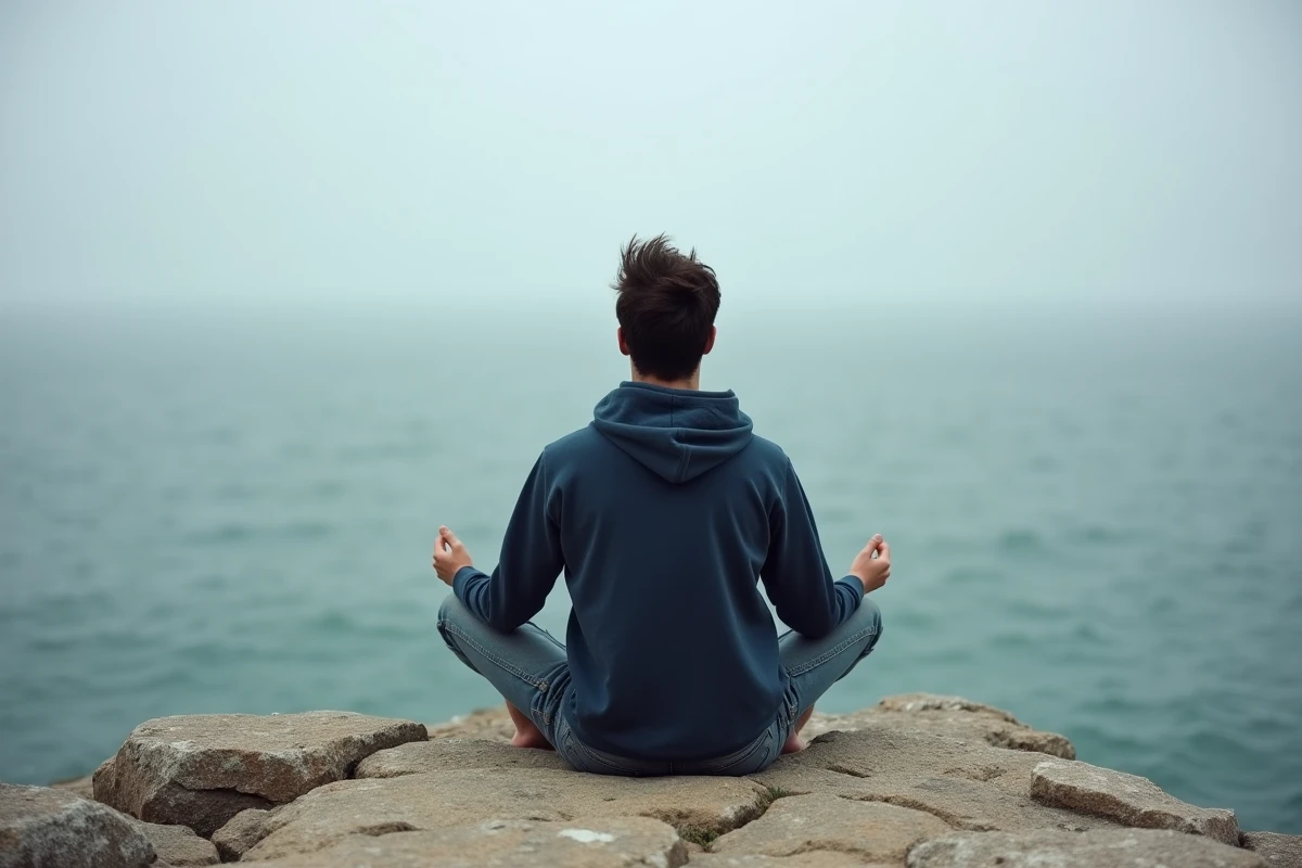 Jeune homme seul assis sur une falaise rocheuse face à l'océan, symbolisant la solitude contemplative et la liberté philosophique