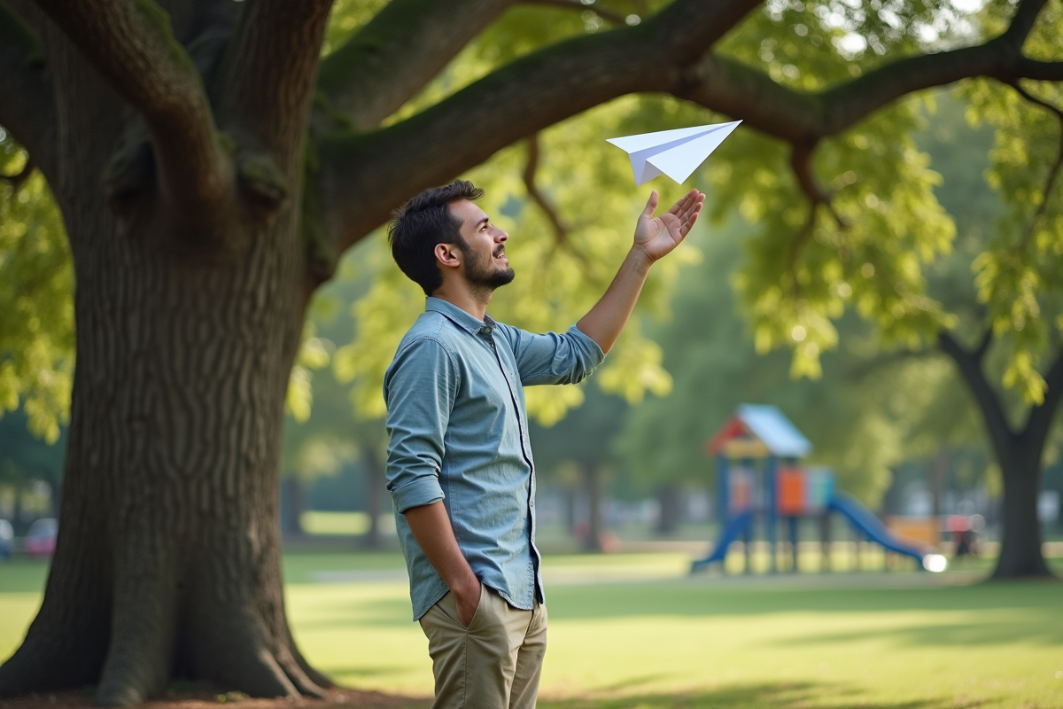 Jeune homme relâchant un avion en papier dans un parc