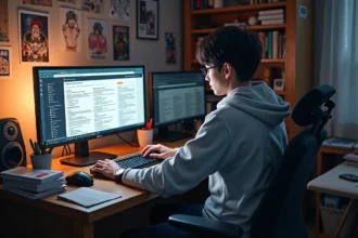 Jeune homme concentré devant ses écrans de manga