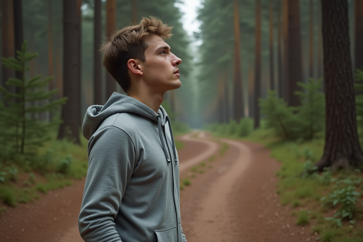 Jeune homme respirant en pleine nature sur un sentier forestier