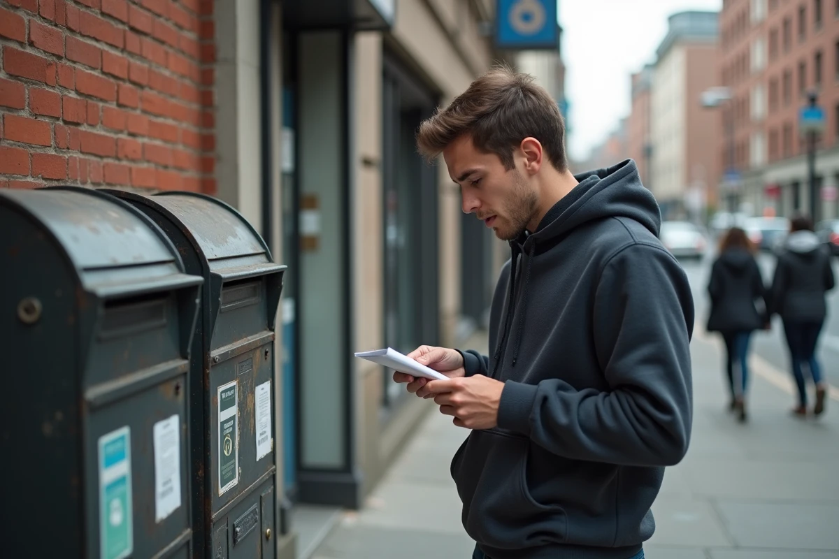 Jeune homme vérifiant une enveloppe devant une boîte aux lettres