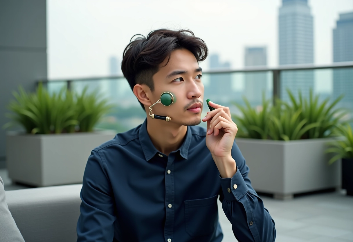 Jeune homme utilisant un rouleau de jade sur le visage en terrasse urbaine