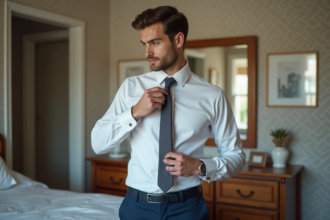 Jeune homme en train de faire un nœud de cravate Windsor