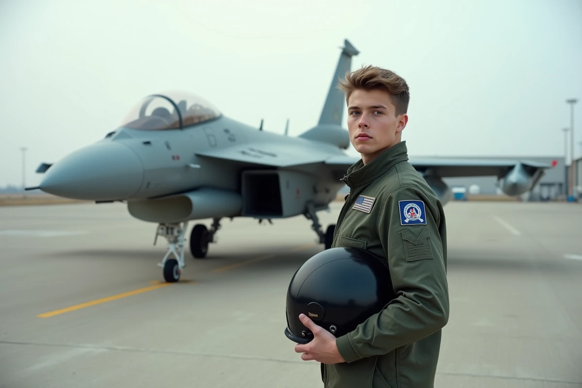Jeune pilote en tenue sur la base aérienne avec avion
