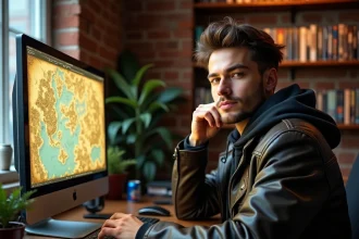 Joueur immergé dans un RPG de longue durée devant son écran d'ordinateur avec carte de jeu fantastique