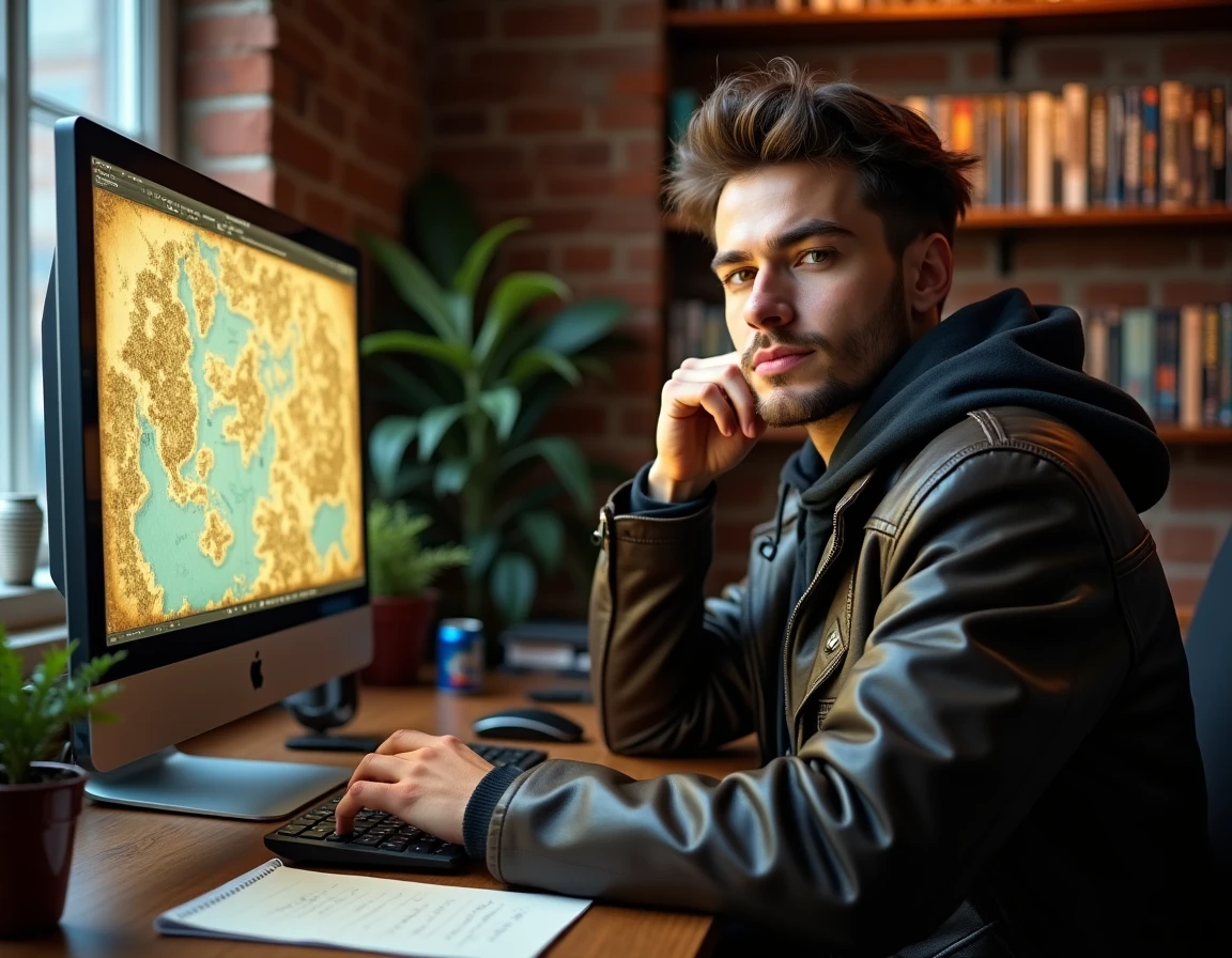 Joueur immergé dans un RPG de longue durée devant son écran d'ordinateur avec carte de jeu fantastique